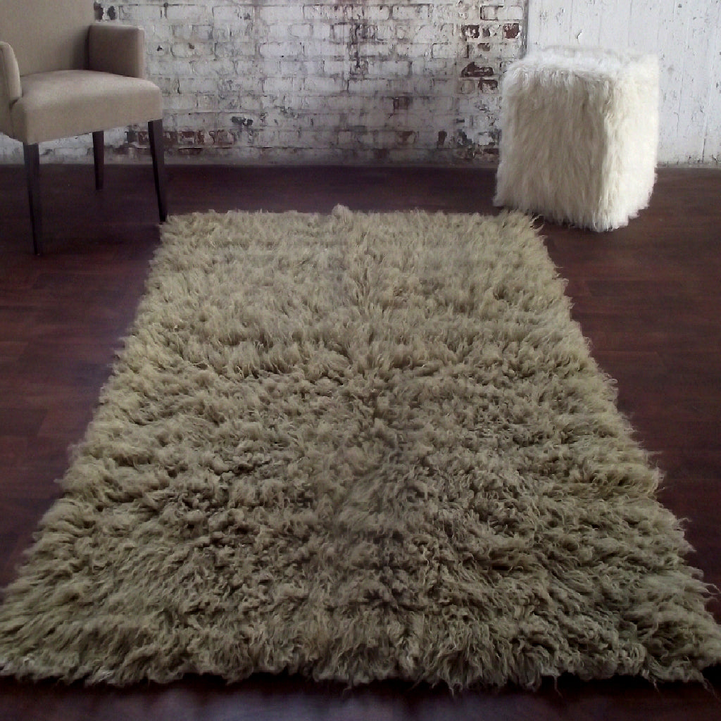 STYLISH MUTED GREEN FLOKATI RUG | THICK 3.5