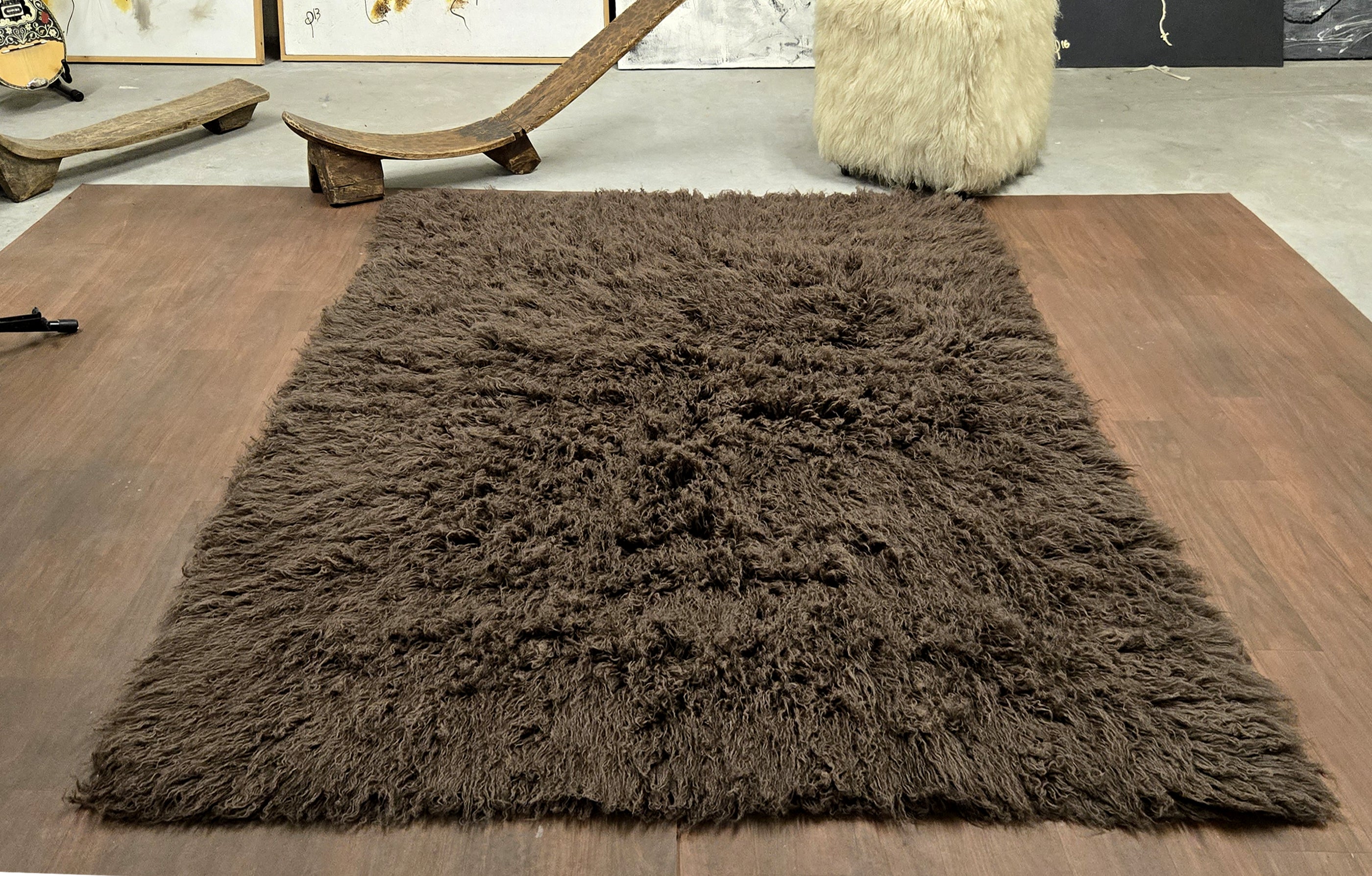 SUPER THICK DARK BROWN FLOKATI RUG. LONG 3.5” PILE. WOOL AREA RUG