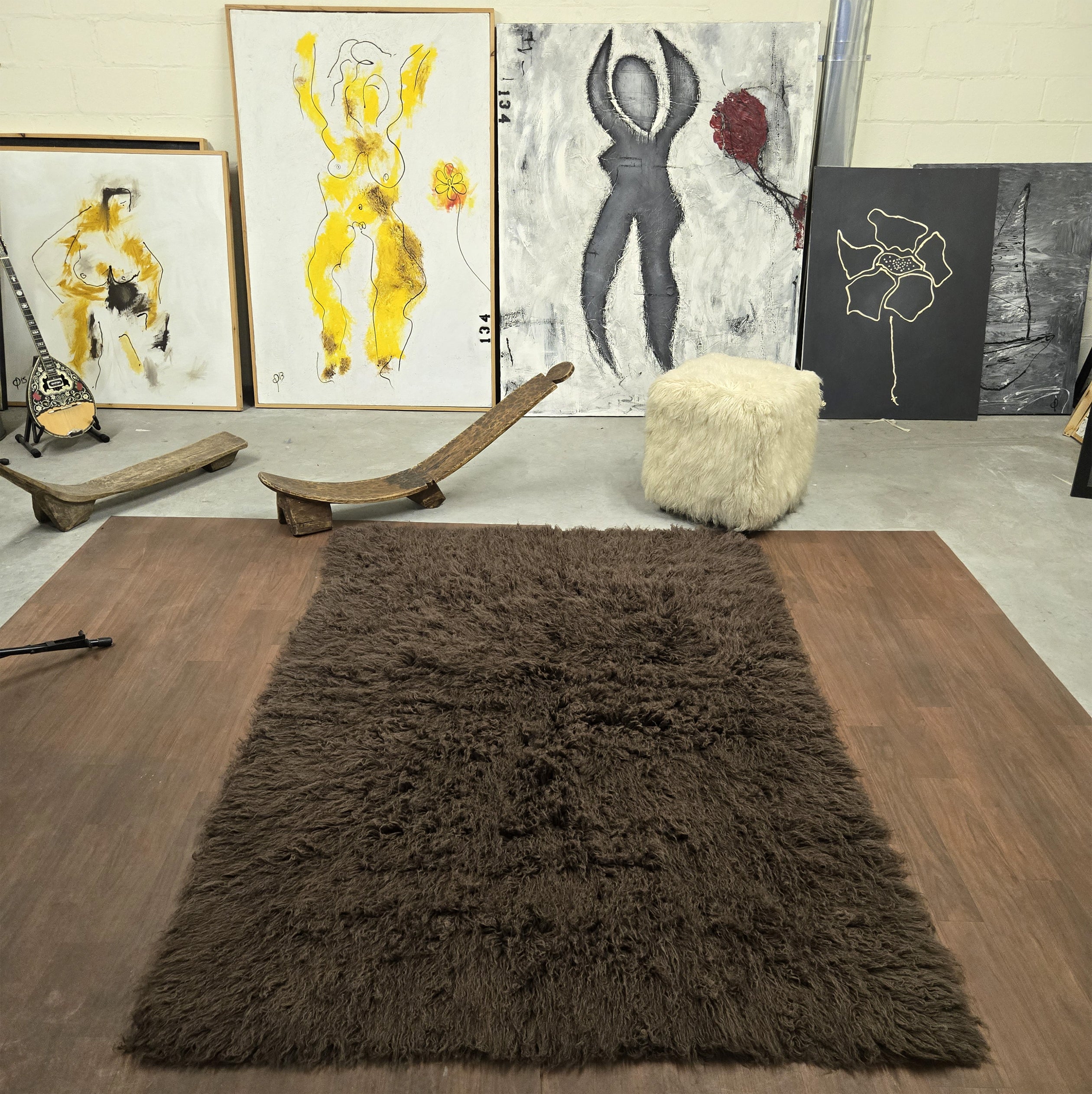 SUPER THICK DARK BROWN FLOKATI RUG. LONG 3.5” PILE. WOOL AREA RUG