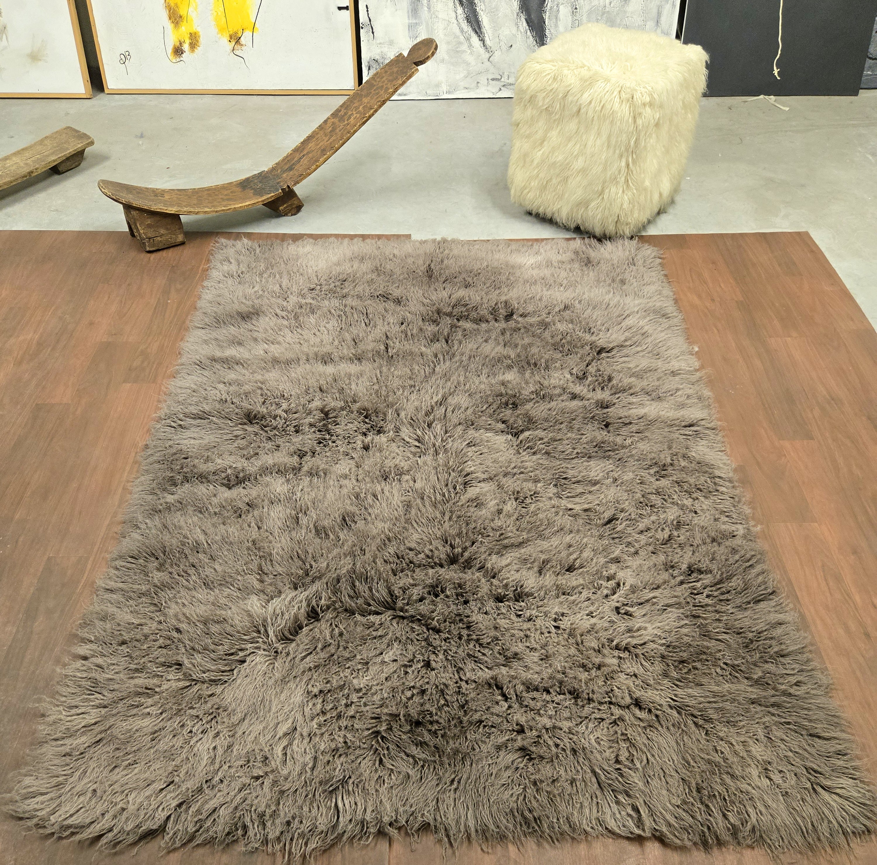 SUPER THICK LIGHT BROWN FLOKATI RUG. LONG 3.5” PILE. WOOL AREA RUG