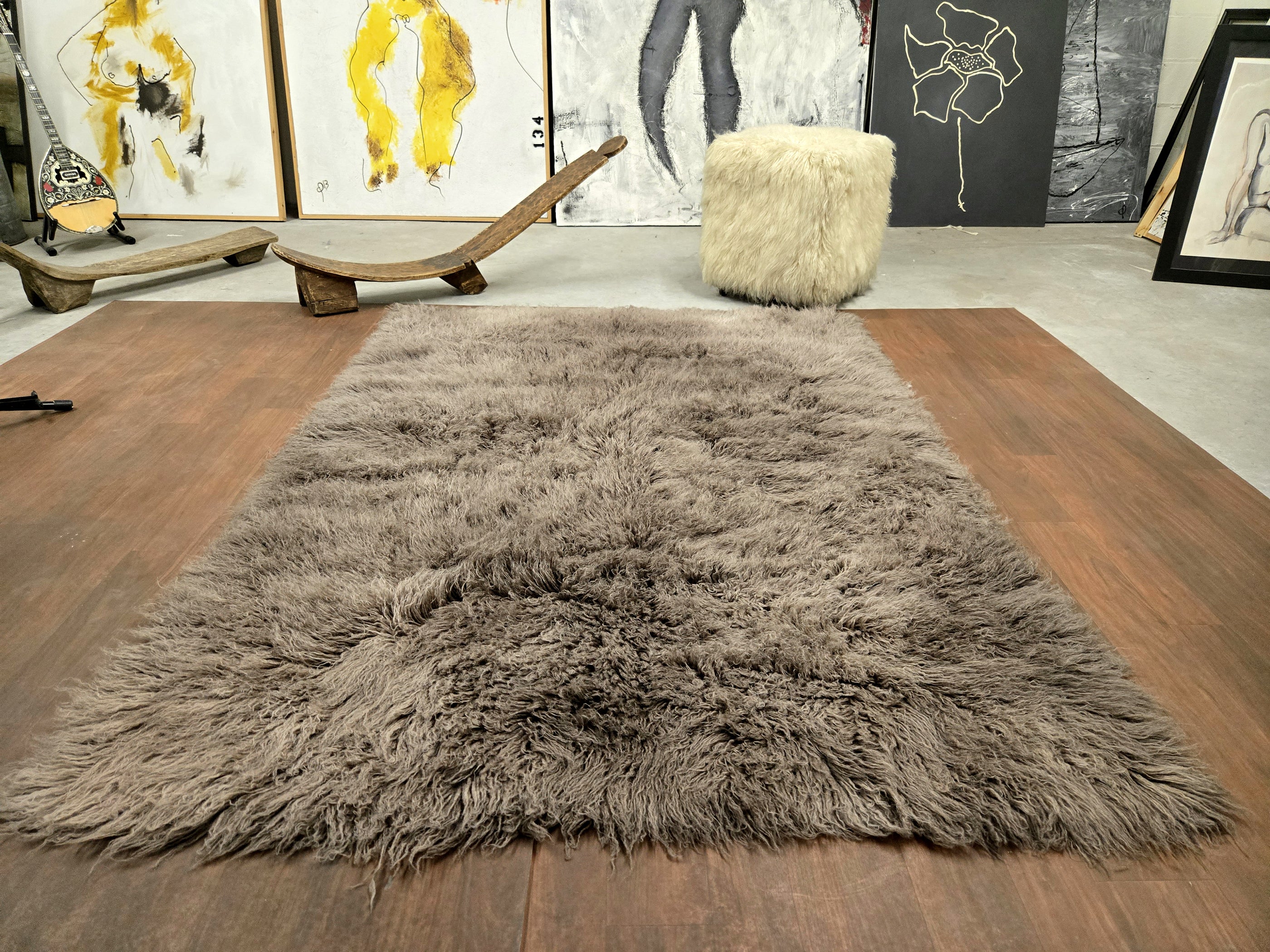 SUPER THICK LIGHT BROWN FLOKATI RUG. LONG 3.5” PILE. WOOL AREA RUG
