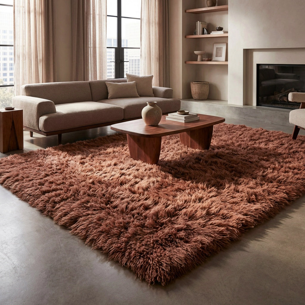 HUGE 12' X 12' COCO BROWN FLOKATI RUG💥LONG 3