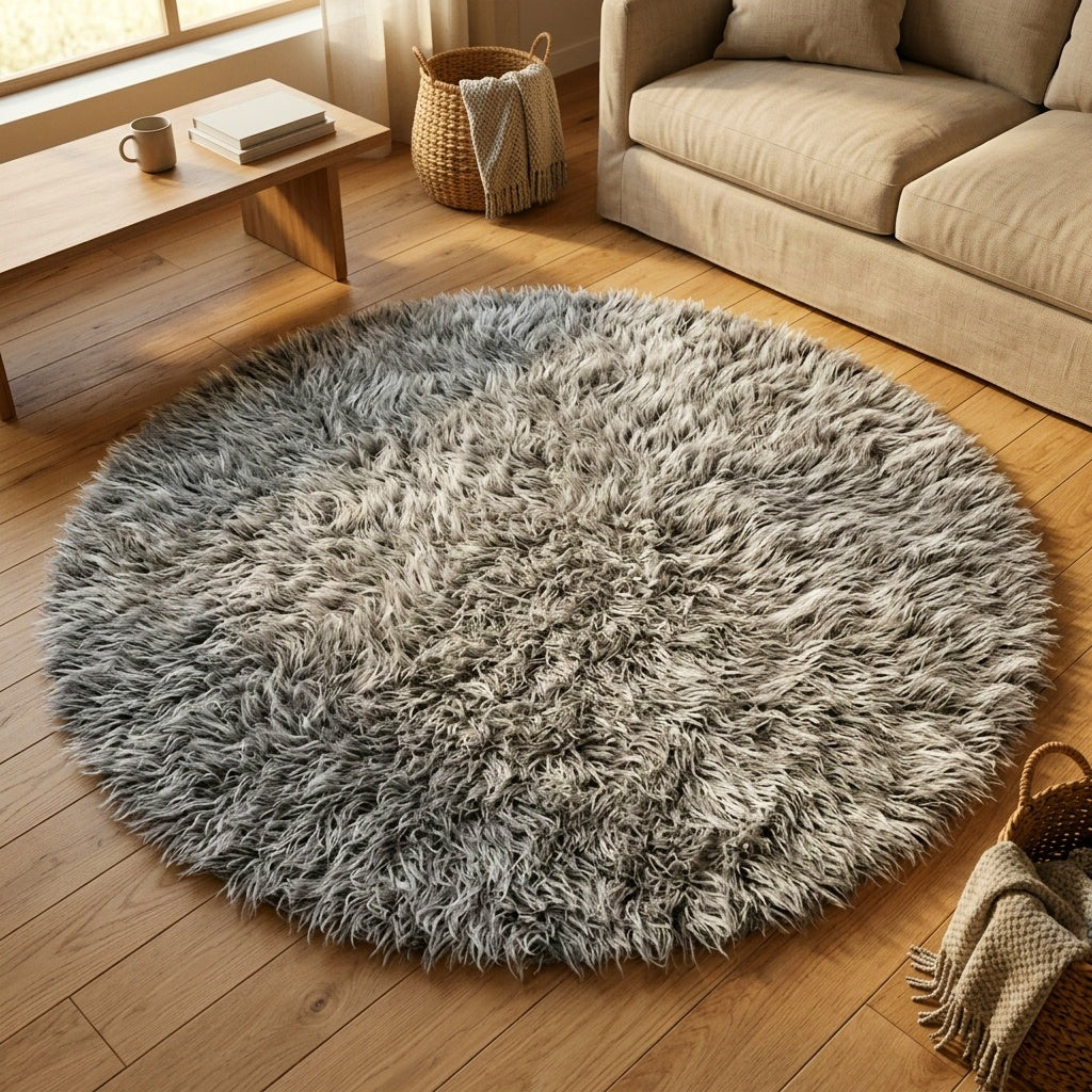 HUGE 10' ROUND FLOKATI RUG💥NATURAL GRAY AND WHITE BLEND💥LONG 3.5