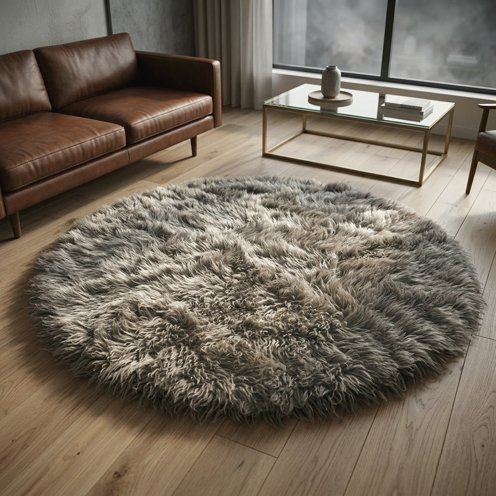HUGE 10' ROUND FLOKATI RUG💥NATURAL GRAY AND WHITE BLEND💥LONG 3.5